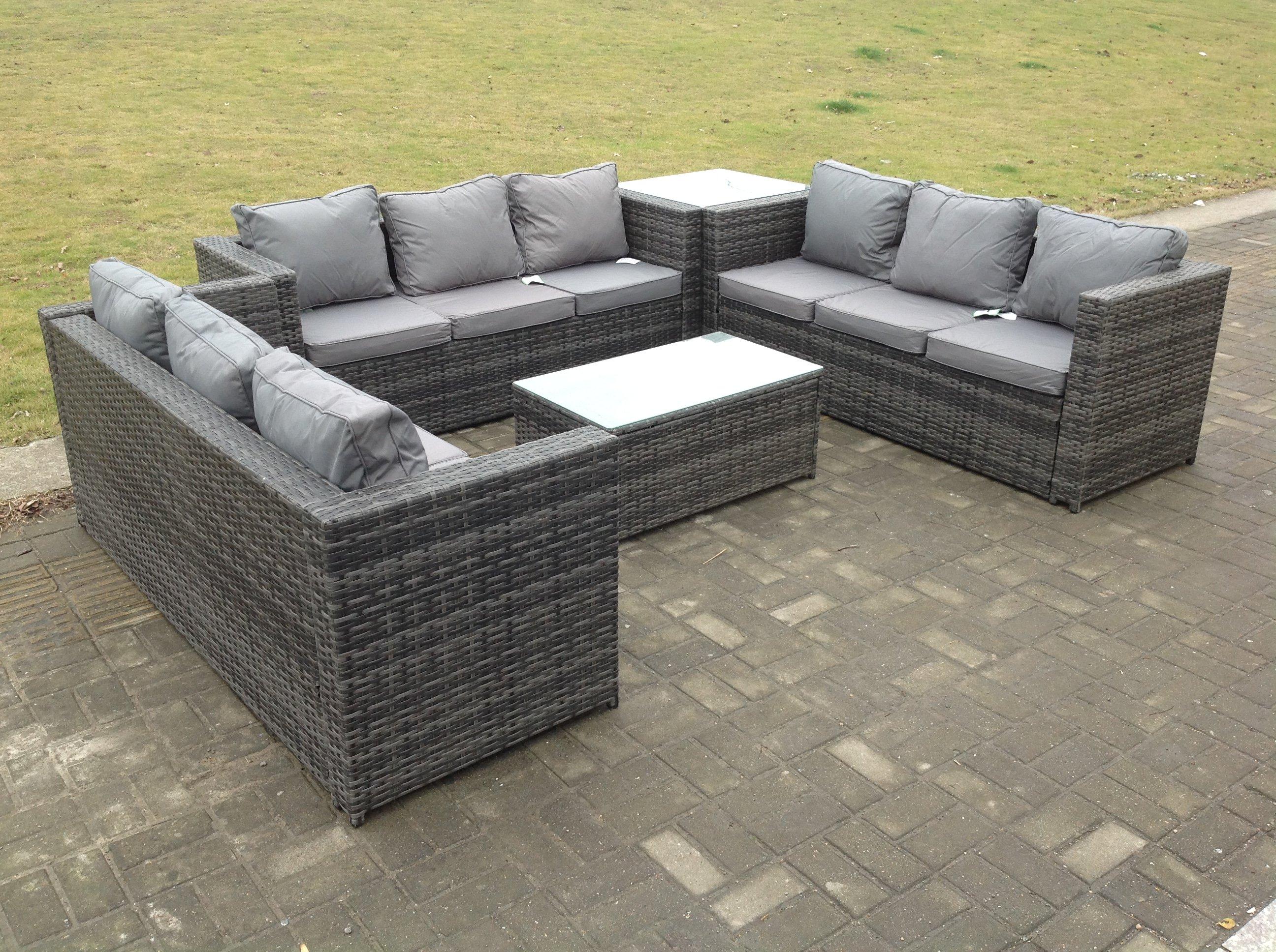 Outdoor Rattan Garden Furniture Lounge Sofa Set With Oblong Coffee Table And Side Tall High Table